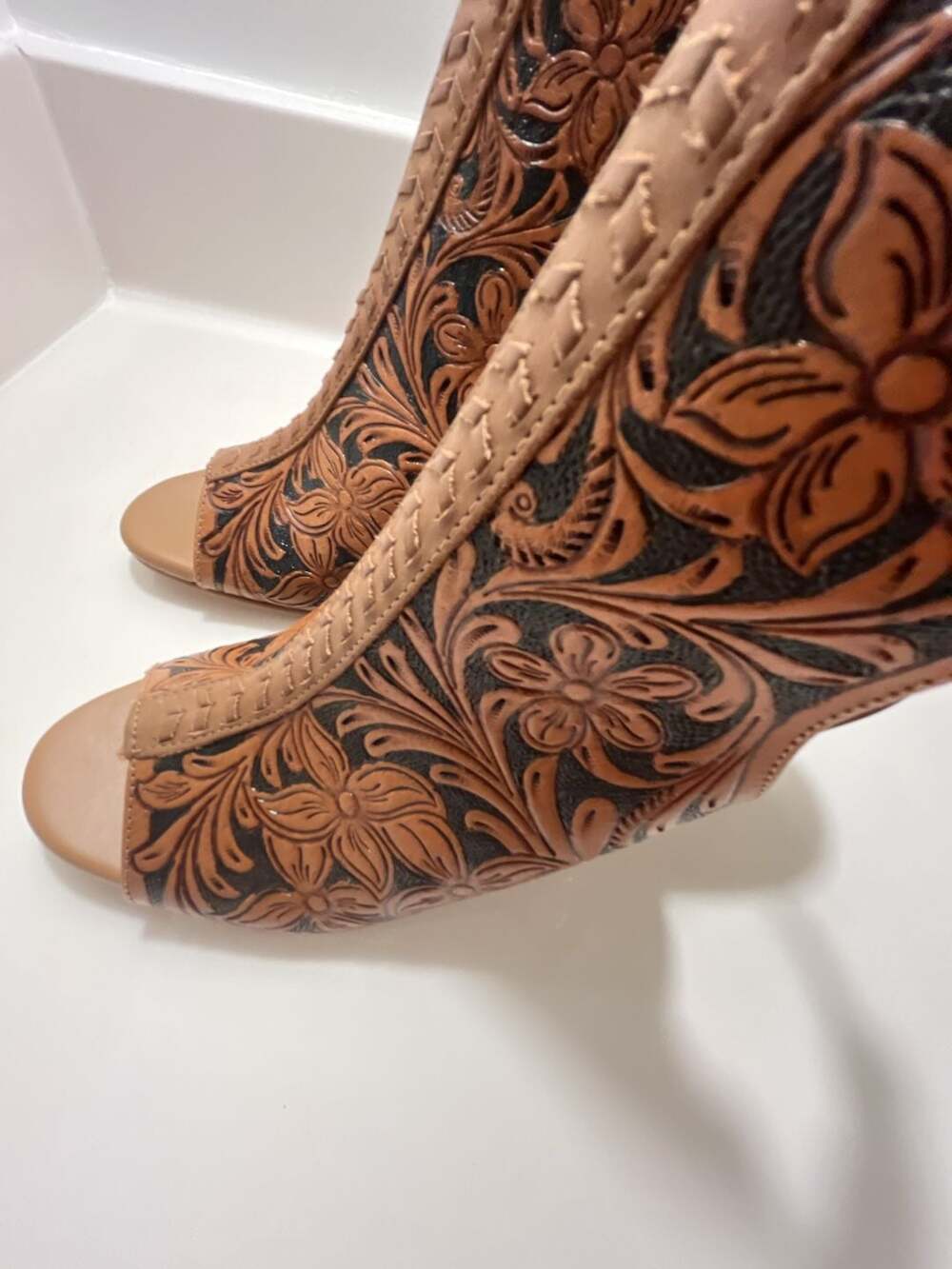 Myra Bag Dodge Town Hand-Tooled Leather Open Toe Heels - Picture 6 of 15